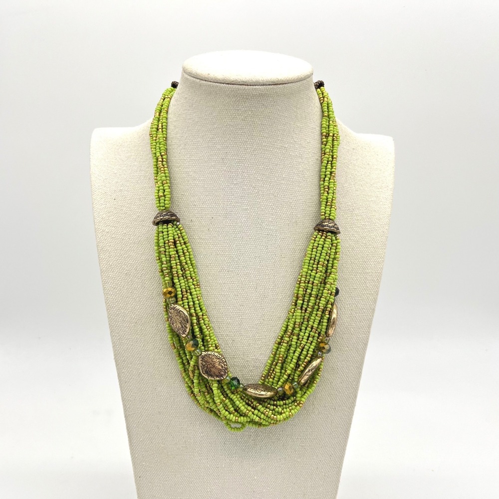 Lime Green Multi Strand Seed Bead Statement Necklace Bronze Medallion Boho